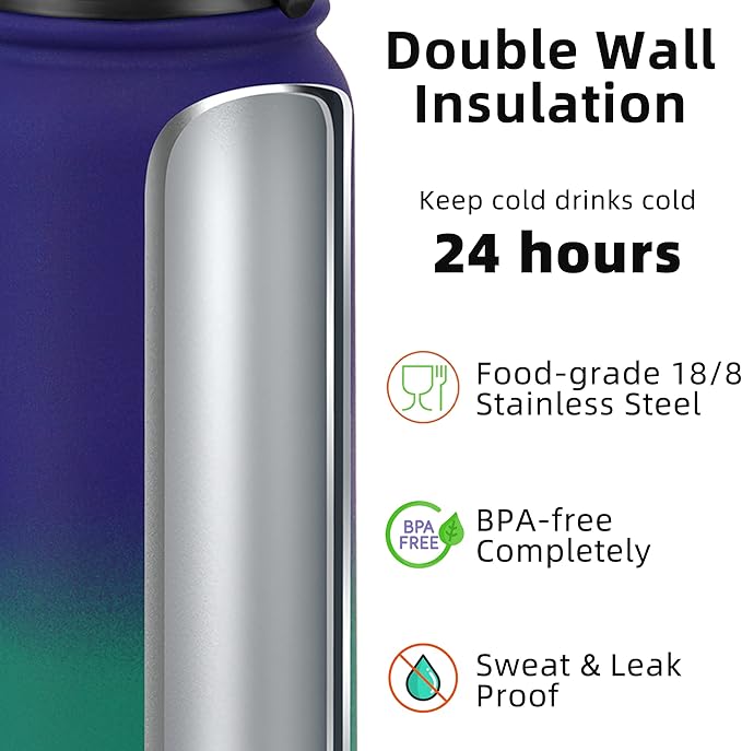 Fanhaw 40 Oz Insulated Stainless Steel Vacuum Water Bottle with Anti-Dust Pop-Open Lid - For Outdoor, Women, Men | Leak & Sweat Proof (Purple Green)