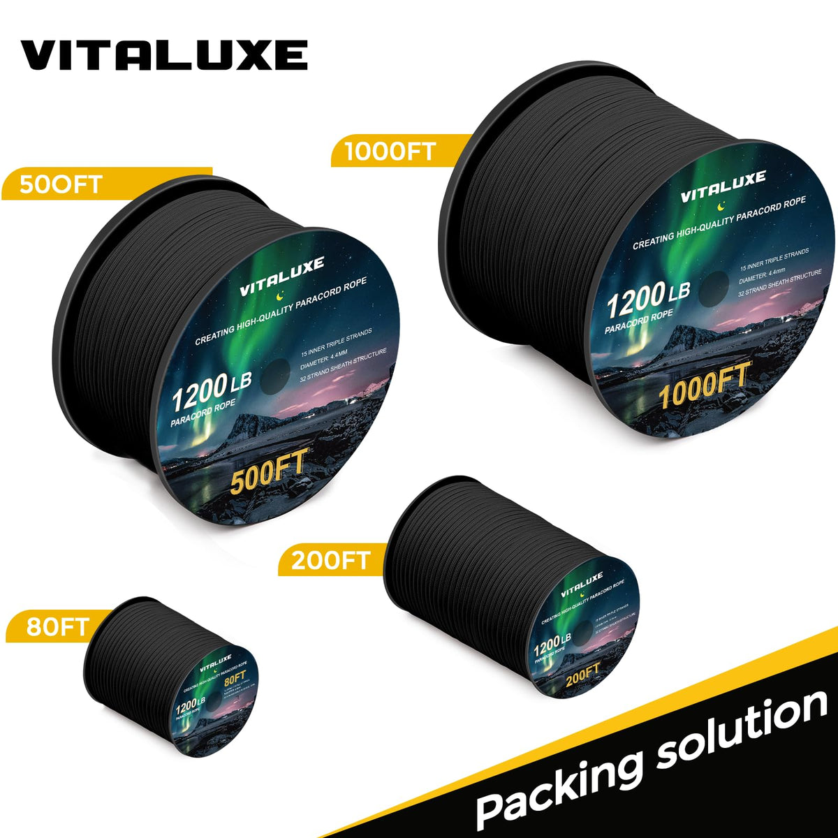 VITALUXE 1200lb Paracord Rope, 4.4mm, 15 Triple Strands Paracord