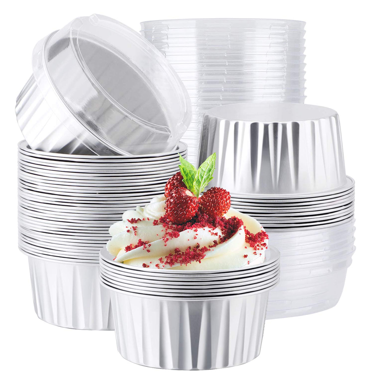 EUSOAR Cupcake Liners for Baking, 50pcs 5oz Muffin Liners, Disposable Foil Ramekins, Dessert Containers, Aluminum Foil Baking Cupcake Cups Holders Pans with Lids 5 Colors Mixed