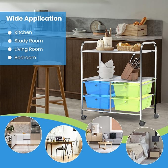 COSTWAY 4-Drawer Storage Cart, Mobile Storage Organizer w/Steel Frame & 360° Wheels, 4-Drawer Utility Cart for Living Room, Kitchen, Bathroom & Office, Green & Blue