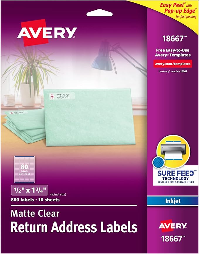 Avery Printable Return Address Labels with Sure Feed, 0.5" x 1.75", Matte Clear, 800 Blank Mailing Labels (18667)