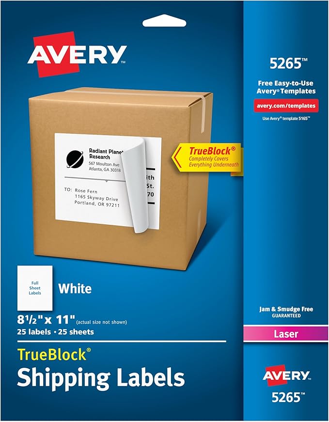 Avery Full-Sheet Printable Shipping Labels, 8.5" x 11" Customizable Stickers, White, 25 Blank Mailing Labels, Great for Mailing, Shipping, Organizing, and More (5265)