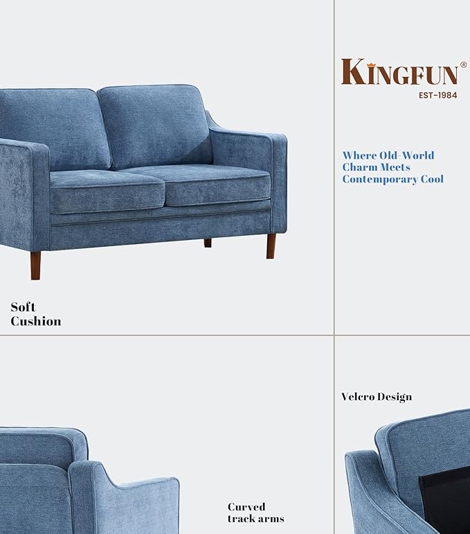 Kingfun Living Room Furniture Sets, 2 Armchair and Loveseat, Mid Century Modern Sofa Set, Chenille Couch with Solid Wood Frame for Living Room & Bedroom, Light Blue
