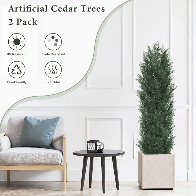 THE BLOOM TIMES 5ft Topiary Trees Artificial Outdoor Set of 2, UV Resistant Faux Cedar Pine Cypress Bushes & Shrubs, Fake Plants for Front Porch Outside Planter Patio Christmas Decor 5 Foot Tall
