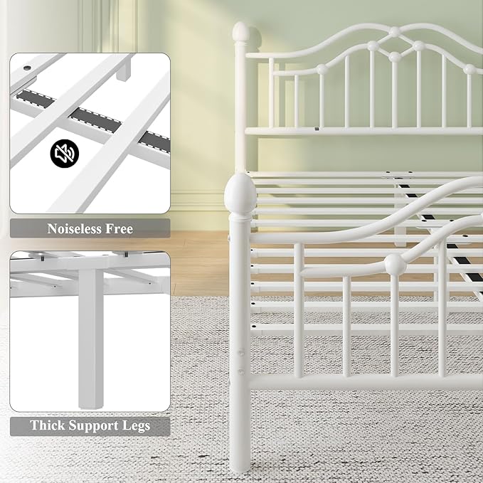 Queen Size Bed Frame, Metal Platform Bed with Victorian Headboard and Footboard, Strong Metal Slats Support, Mattress Foundation No Box Spring Needed, Easy Assembly, Noise Free, White
