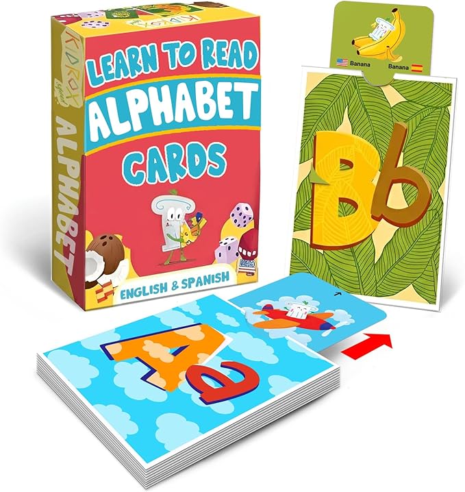 Kidrox Alphabet Flash Cards, ABC Learning Cards with Interactive Pull Tabs, English Cards Plus Spanish Translations