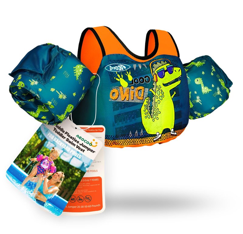 AEOCOO Puddle Float Jumper 20-30 Pounds, Toddler Swim Vest for 1-2-3 Years Old, Pool Floats with Swimming Arm Floaties Swim Jacket with Water Wings for Kids Swimmies, Boys, Girls, Niños, Cool-Dino