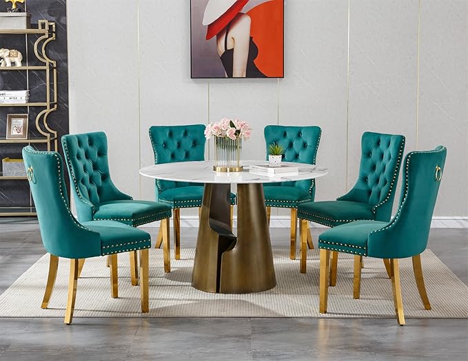 7-Piece Faux Marble Round Dining Table Set for 6, Modern Luxury Kitchen Table Set for 6 with Green Tufted Chairs,Circle Dining Tables with White Marble Grain Top and Bronze Pedestal Base