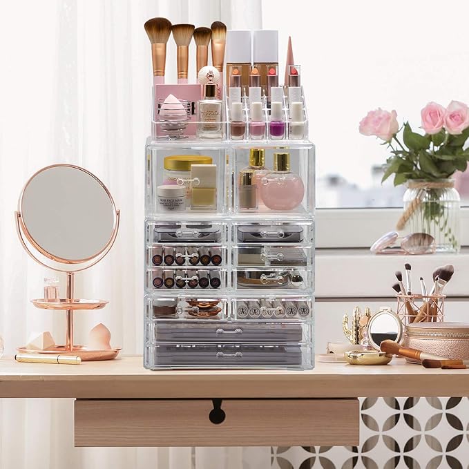 Sorbus Large Makeup Organizer - Clear Stackable Jewelry & Makeup Organizer For Vanity, Bathroom Storage, Dresser - 12 Drawers Cosmetic Beauty Organizers and Storage with Lipstick, Makeup Brush Holder
