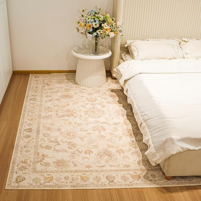 6x9 Soft Washable Area Rugs for Living Room and Bedroom, Non-Slip Stain Resistant Indoor Carpet, Cozy Floor Mat for Dining Room, Office, Under TableStain Resistant Persian Beige Floral