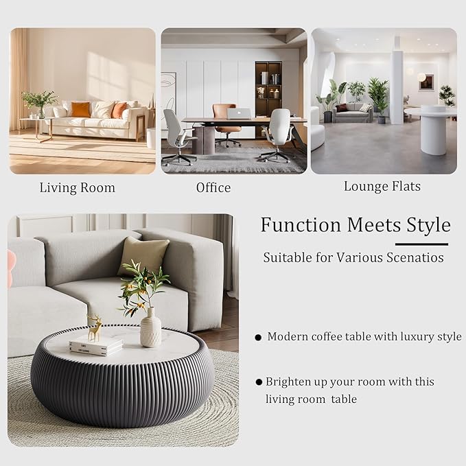 Grey Round Coffee Table with Sintered Stone Tabletop, 27.55" Drum Coffee Table with Fluted PU Leather Covered and Stable Base, Circle Cocktail Tea Table for Living Room