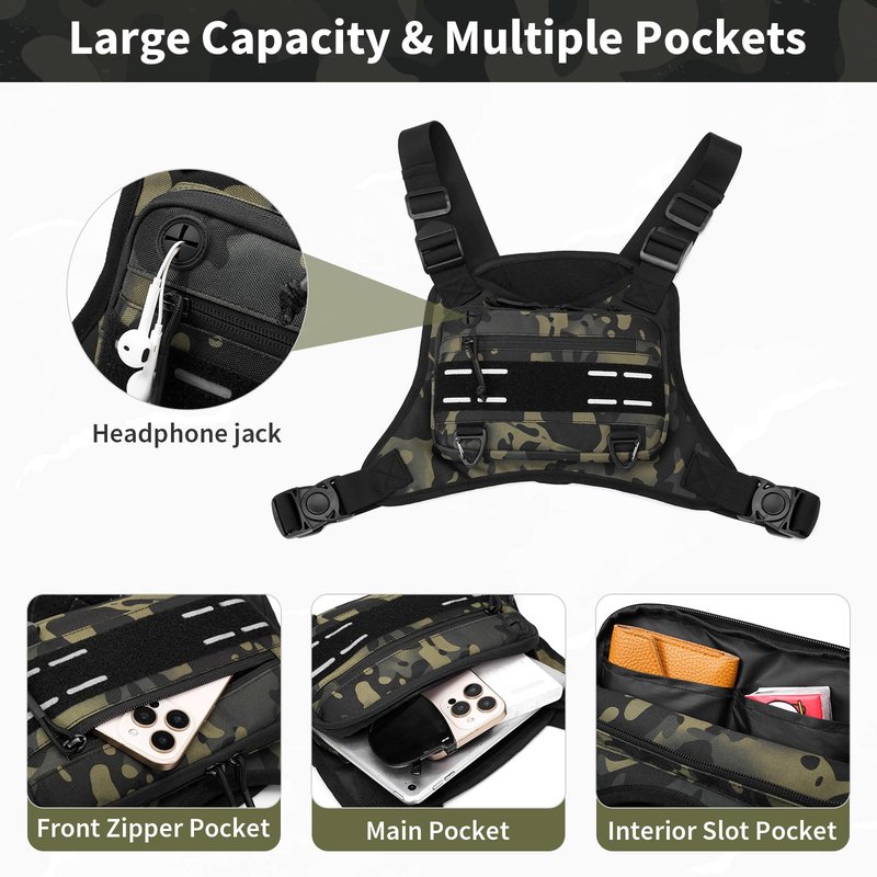 CamGo Tactical Outdoor Sports Chest Bag for Men, Molle EDC Vest Chest Pack for Sports Running Hiking Workout Black CP