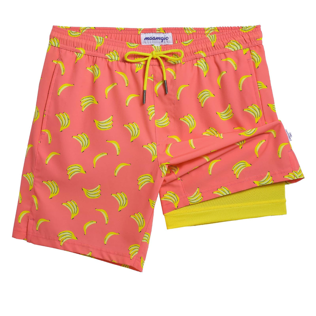 maamgic Mens Swim Trunks with Compression Liner 7 Inch Inseam Mens Bathing Suit Quick Dry Swimming Trunks Swimsuit Banana Orange XX-Large