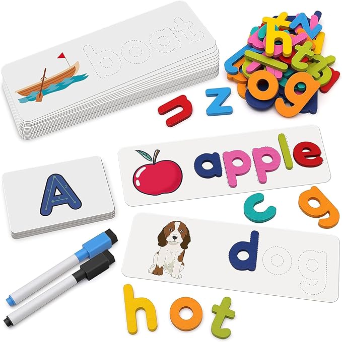 Coogam Reading & Spelling Learning Toy, Wooden Letters Flash Cards Sight Words Matching ABC Alphabet Recognition Game Preschool Educational Tool Set for 3 4 5 Years Old Boys and Girls Kids