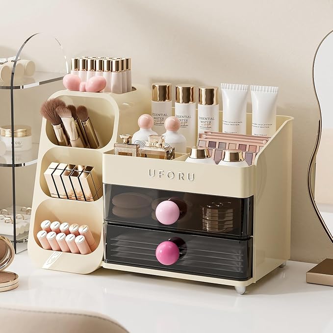 Makeup Organizer for Vanity with Brush Holder, Countertop Organizer with 2 Drawers, Spacious Cosmetic Display Case for Beauty Essential, Skincare, Lipstick