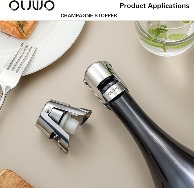 OUWO Champagne Stopper 6 Pack Stainless Steel Champagne Save with Food Grade Silicone, Leak-Proof Bubble Retaining Saver, Suitable for Champagne Prosecco Cava and Sparkling (Silver)