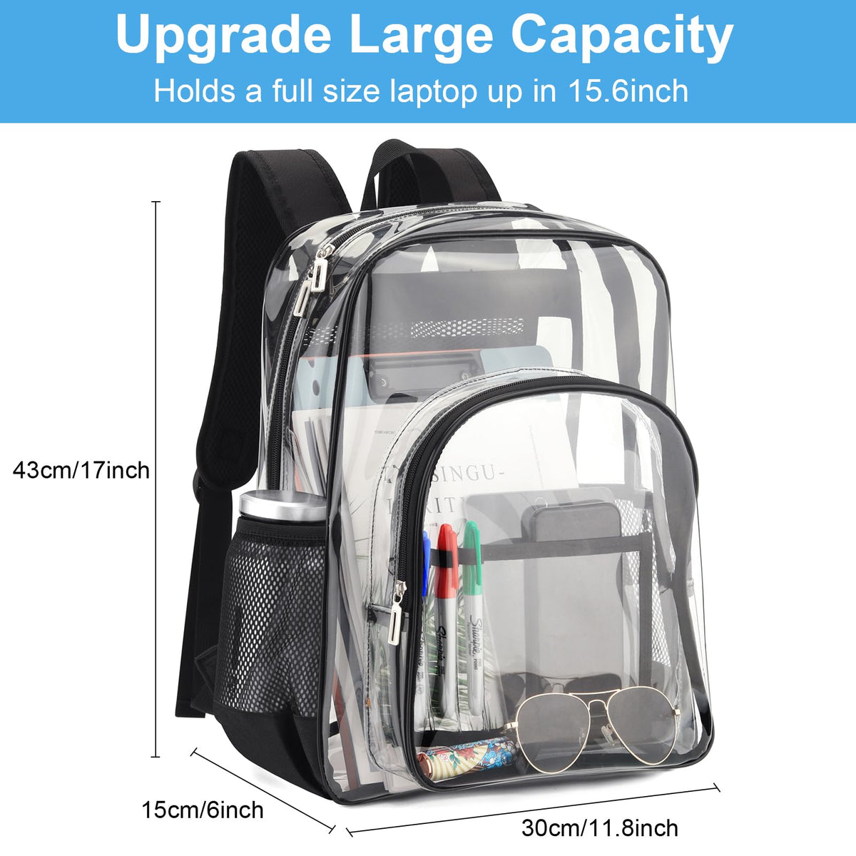 Carolipack Clear Backpack Heavy Duty For Work XL.TPU Transparent Backpacks for College,Travel,Sporting (Clear) - H17.7x''14.1''x6.8''