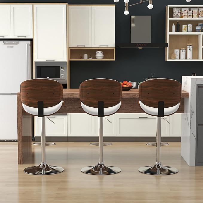 KCC Bar Stools Set of 6, Swivel Adjustable Height Barstools, PU Leather Upholstered Bar Chairs with Footrest, Bentwood Bar Stool for Kitchen, Bar, Dining Room(White PU)
