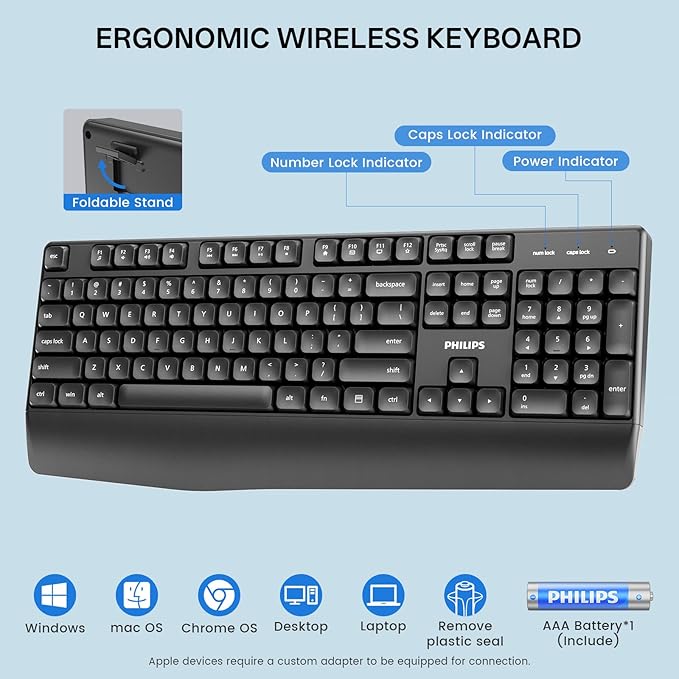PHILIPS Wireless Keyboard and Mouse Combo-Ergonomic Keyboard and Mouse Wireless Combo,Plug n' Play,Sleep Mode and 2.4GHz Keyboard for Mac, Windows, Laptop-Black