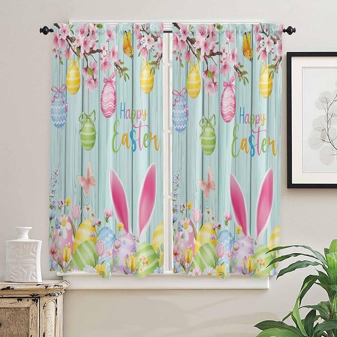 Happy Easter Bedroom Curtains 63 Inches length, Spring Bunny Eggs Flower Teal
