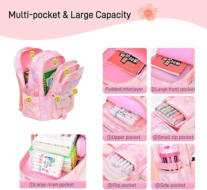Kids Backpack School Bags for Girls, Cute Princess Backpack Multi-pocket Elementary School Students Bookbag for Girls, Blue