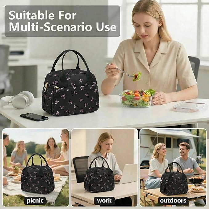 CAMTOP Lunch Box for Women Men Insulated Lunch Bag Lunch Tote Bag Leakproof Thermal Cooler Large Capacity for Travel Work School Picnic (Black Pink Bow)