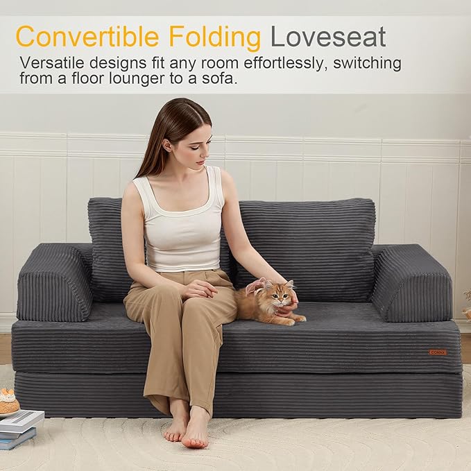 COMAX Convertible Sofa Bed, Folding Floor Couch Corduroy Fold Out Couch Bed Futon Sleeper Mattress with Pillows, Boneless Sofa Comfy Lounge Loveseat for Living Room Bedroom, Grey