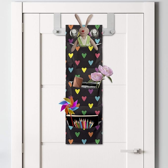 Ambesonne Romantic Hanging Pocket Organizer, Repeating Pattern of Love Themed Design Colorful Funny Mini Hearts, Printed Polyester Storage Bag with Pockets, 9" x 27", Dark Grey and Multicolor