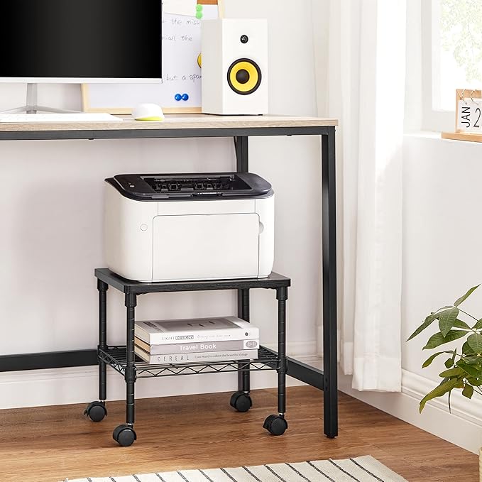 SONGMICS 3 Tier Wide Printer Stand with Wheels, Rolling Printer Table Cart with Metal Storage Shelf, for Home and Office, 16.1 x 12.2 x 15 Inches, Black ULGR301B01