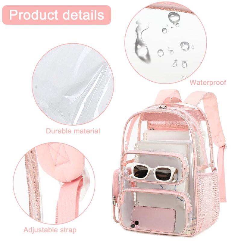 BTOOP Clear Backpack Heavy Duty Transparent Backpack 17" See Through Bookbag for College Work Festival Security Padded Strap (Pink)