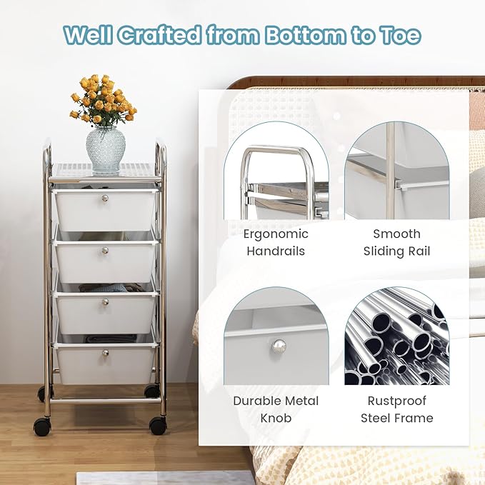 COSTWAY Rolling Storage Cart with 4 Drawers, Plastic Storage Cart and Organizer w/ 4 Removable Drawers, Multipurpose Organizer Cart for Home Scrapbook Paper Office School Tools (Clear)