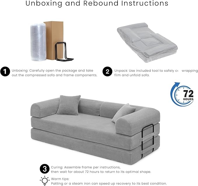 Compression Sofa - 79'' Convertible Sofa Bed, Boneless Couch in a Box, Modular Corduroy Foldable Sleeper Sofa with 2 Pillows, Loveseat Couches for Living Room (Corduroy Fabric, Light Grey)