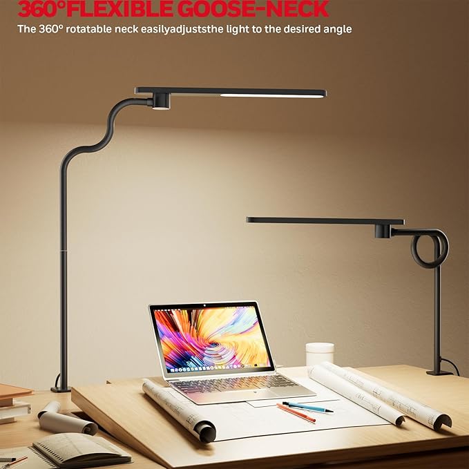 Honeywell HJ2 Gooseneck LED Desk Lamp with Clamp,3-Color Stepless Dimming.Flexible Metal Lamp Arm,CRI ≥ 97.Adjustable Small Desk Lamp for Home Office,Studying, Reading, Artists & Crafters (Black)