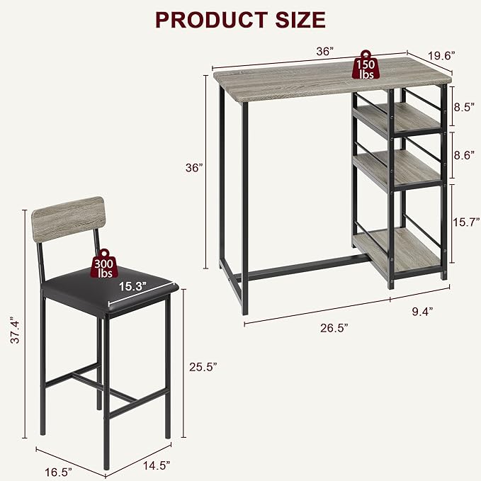 CABIHOME Dining Table Set for 2, Kitchen Table and Upholstered Chairs for 2, 3 Piece Counter Height Bar Table Set with 3 Large Storage Shelves for Small Space, Apartment, Studio, Rustic Gray