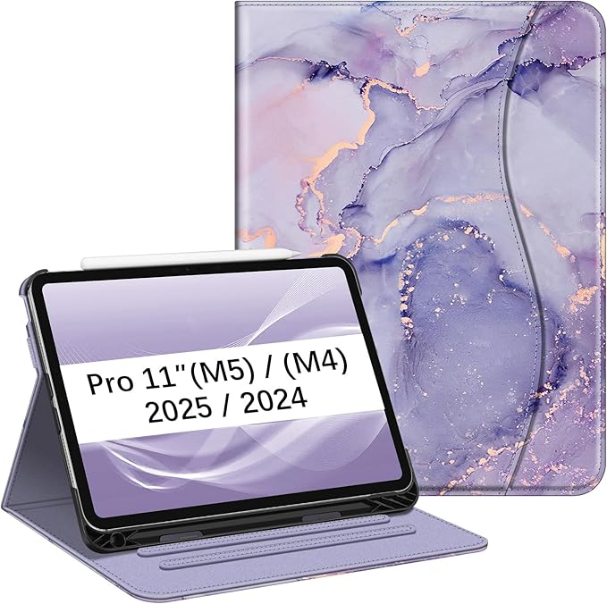 Fintie Folio Case for iPad Pro 11-inch (M5) 2025 / (M4) 2024 - Multiple Angles Viewing Stand Protective Cover with Pencil Holder & Pocket, Auto Wake/Sleep, Lilac Marble