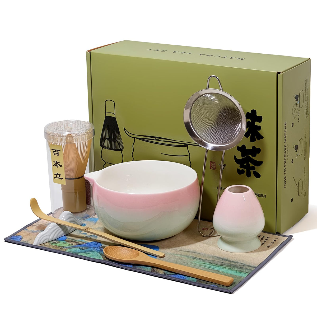 Matcha Whisk Set with Ceramic Bowl - Bamboo Whisk (Chasen), Scoop, Sifter & Holder - Complete Kit for Traditional Matcha Tea - Unique Gifts for Women, Men, Tea Lovers (Luminous-Auric-Sands)