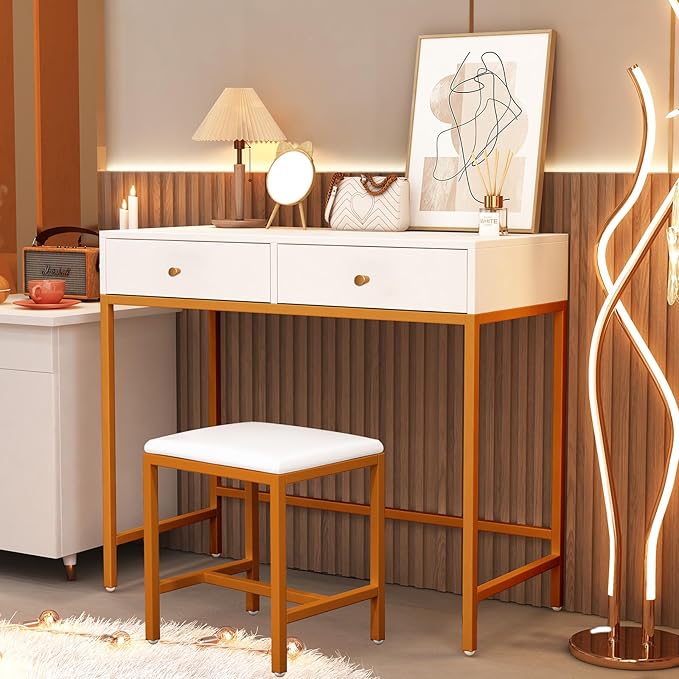 36" Small Vanity Desk, White Makeup Table No Mirror for Bedroom with 2 Storage Drawers, Girls Vanity Desk, Compact Makeup Table
