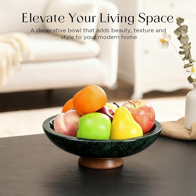 Green Marble Fruit Bowl with Acacia Wood Pedestal, Large Decorative Footed Bowl, Natural Stone Centerpiece for Kitchen Counter, Entryway, Keys, Dining Table, House Warming Gifts New Home(11Inch)