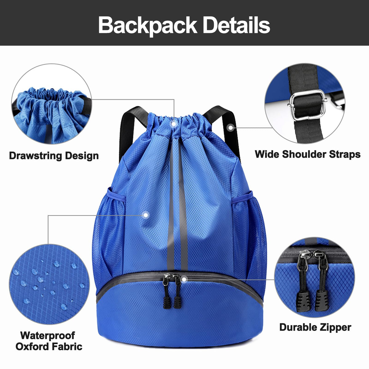 Hoedia Sports Drawstring Backpack - String Swim Gym Bag with Shoes Compartment and Wet Proof Pocket for Women&Men