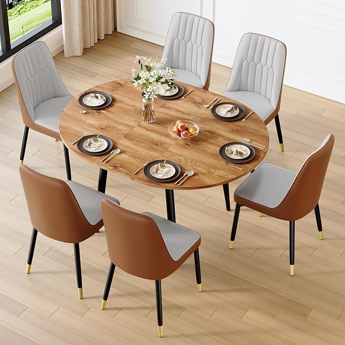Round Dining Table Set for 6｜42"-54" Extendable Dining Table Set for 6｜0.73" Thick Wood Tabletop with Smooth Edge｜Black Metal Leg with Non-slip Footmat｜6 Soft PU Chairs｜Space Saving｜Easy Assembly