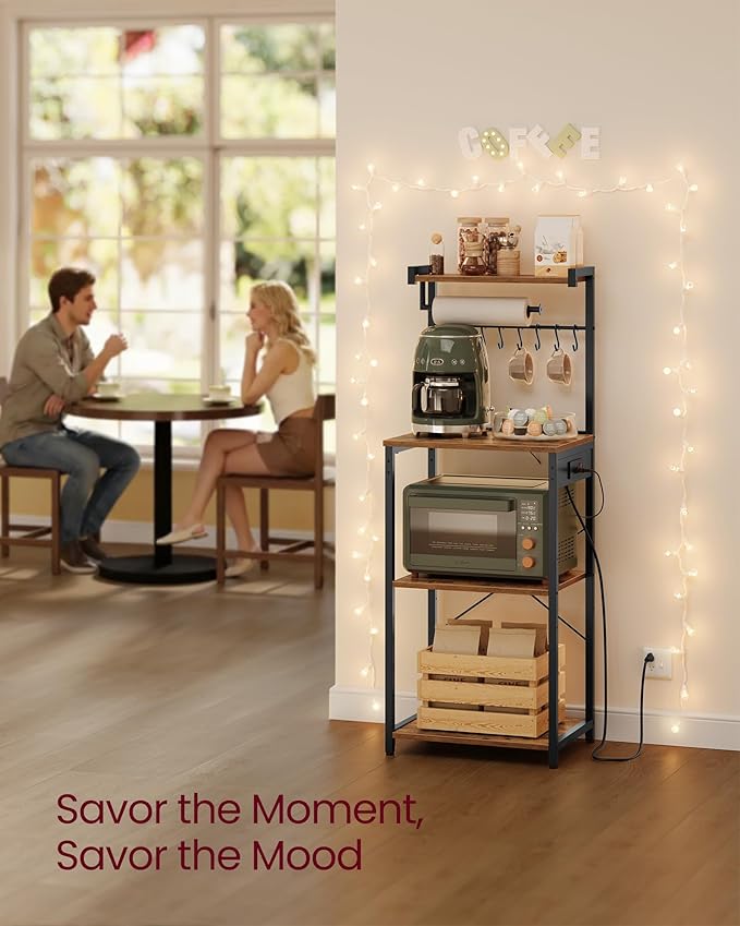 VASAGLE Kitchen Bakers Rack with Power Outlet, Coffee Bar 4-Tier with 8 S Hooks, Microwave Stand, Adjustable Shelf, for Small Spaces, 15.7 x 17.7 x 55.1 Inches, Rustic Brown and Ink Black UKKS013KD01
