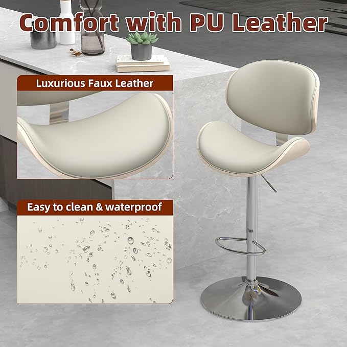civama Bar Stools Set of 2 for Kitchen Counter, Adjustable Bar Height Chairs, Modern Swivel Barstools with Bentwood Seat and Back with Footrest, for Kitchen Island, Dining Room, Grey PU Leather