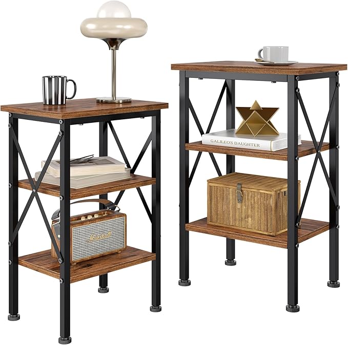 VECELO End Table Set of 2, Bedside Table, 24" Tall Living Room End Tables, X-Design Reinforced Nightstands, Side Table with 3-Tier Storage Shelves for Small Spaces, Office, Bedroom, Rustic Brown