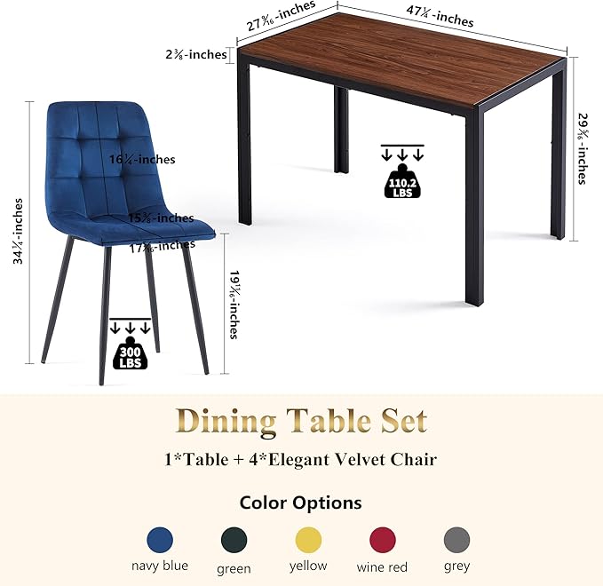 5 Pieces Dining Table Set for 4, 47" Oblong MDF Tabletop with Sturdy Metal Legs,4 PCS Home Kitchen Dining Chair Upholstered Velvet Room Chair with Tufted Back for Any Home Style