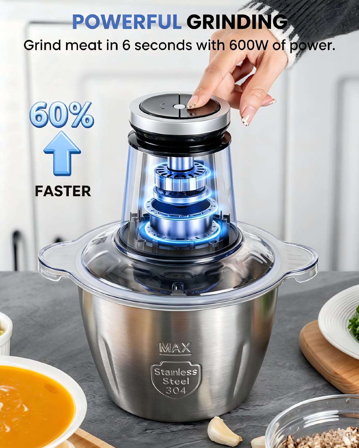 LINKChef Food Processor Small, 10 Cup Food Chopper with Container, 2.3L 600W Electric Meat Grinder for Home Use, Stainless Steel Mini Food Processor for Kitchen, Vegetable, Onion, Garlic, Salad