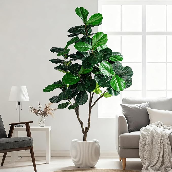 Artificial Fiddle Leaf Fig Tree 6ft with White Planter Realistic Fiddle Leaf Lyrata Plant Tall Fake Tree with Natural-Looking Leaves Fake Tree for Indoor Outdoor Home Office Decor
