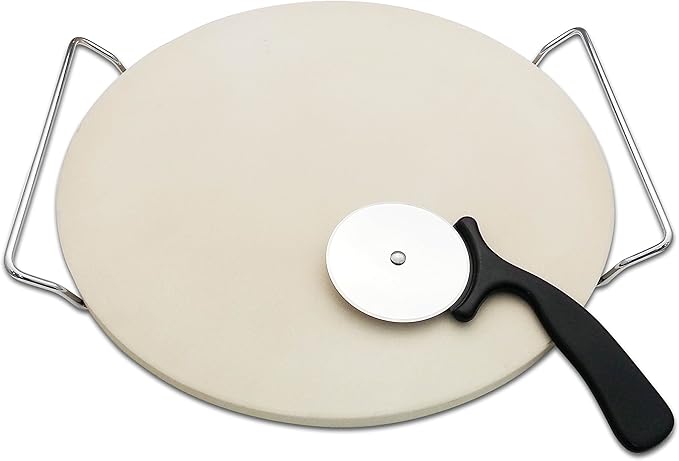 13 Inch Round Pizza Stones for Grill and Oven, Cordierite Baking Stones Set with Serving Rack & Cutter, Durable and Safe Cooking Stone Pan for Bread, Natural Pizza Stone for Family
