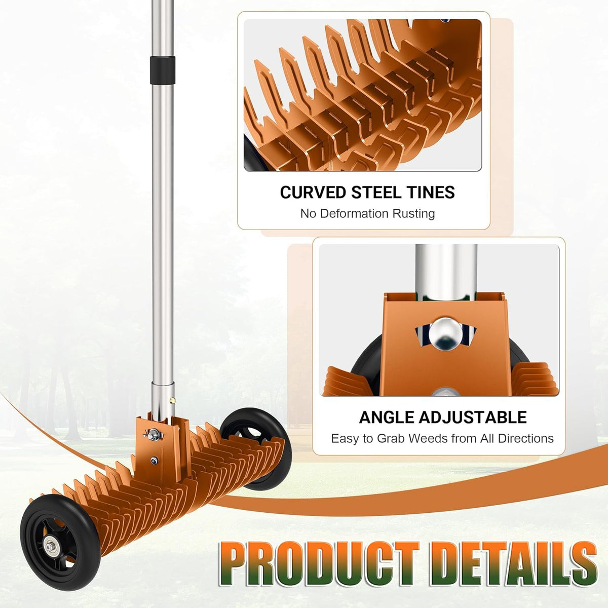 Thatch Rake for Lawn, 15-Inch Dethatcher Rake with Rolls Efficient Steel Metal Rake, Adjustable 0-15°, 38-68 Inch Handle, Heavy-Duty Thatching Rakes for Cleaning Dead Grass, Yard Garden Care