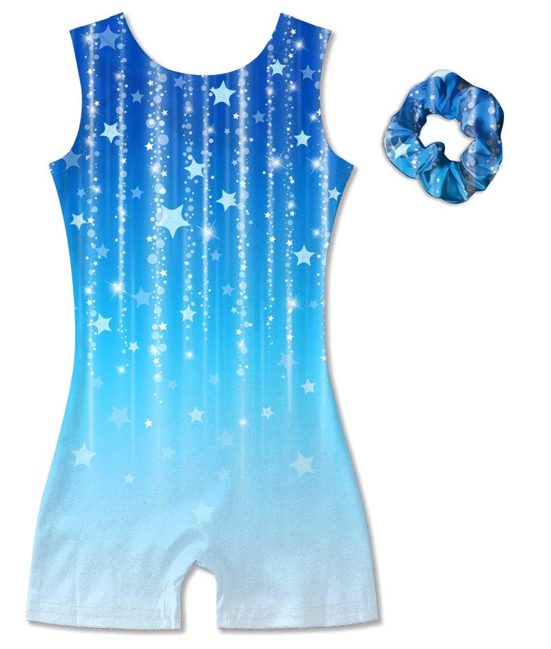 Vogseek Gymnastics Leotards for Big Girls Size 12 Blue Stars Sparkle Ballet Dancewear Sets with Hair Scrunchine Quick Dry Drift 2PC Classic 3D Printed Shiny Dots Tumbling Outfits