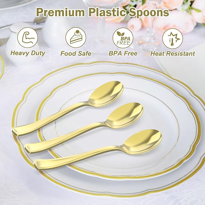 Dealusy 100 Count Heavy Duty Gold Plastic Spoons Disposable
